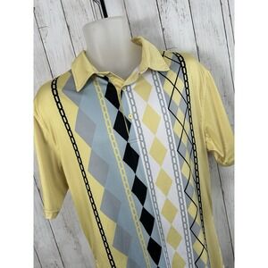 Men's Royal & Awesome Polo Golf Shirt Retro Yellow Argyle Size L